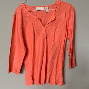 Linen top with embroidery around neck and sleeves